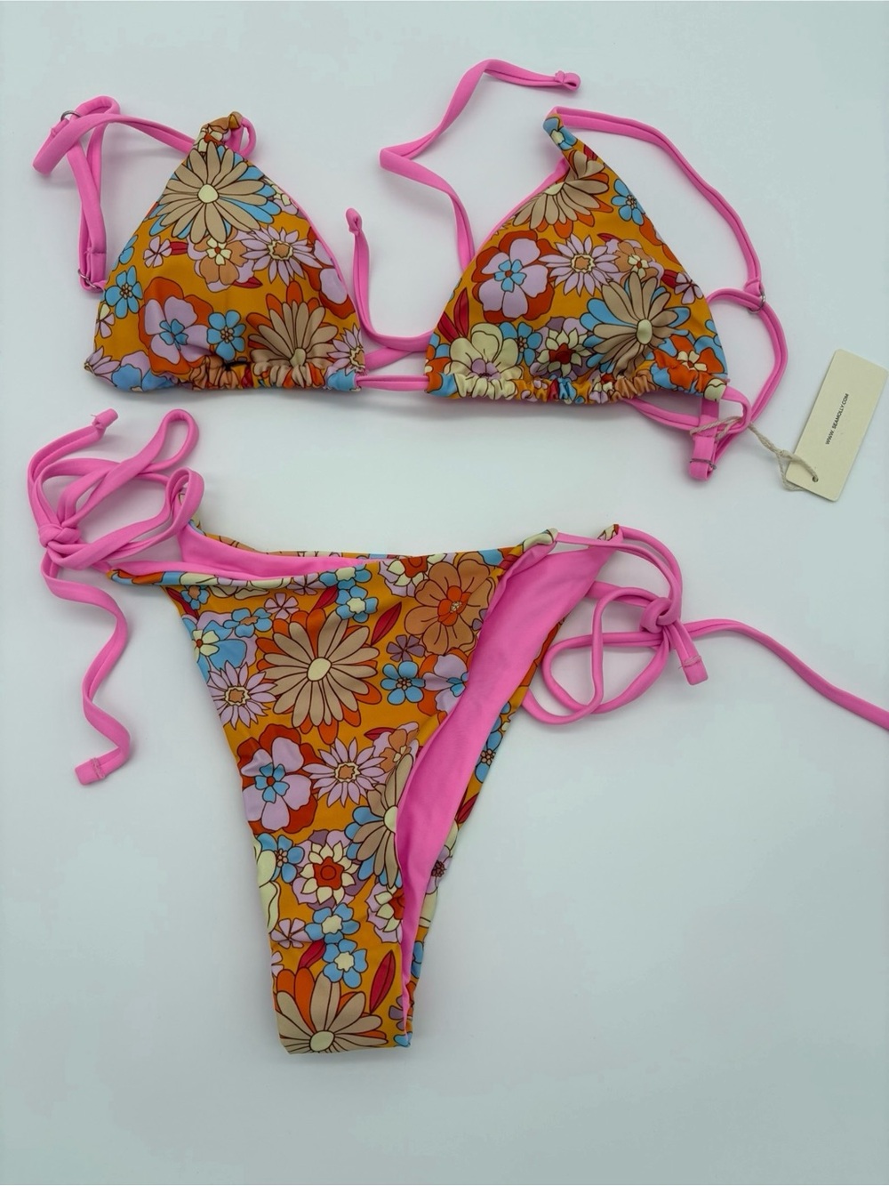 Floral Triangle String Bikini - Pink Trim NWT